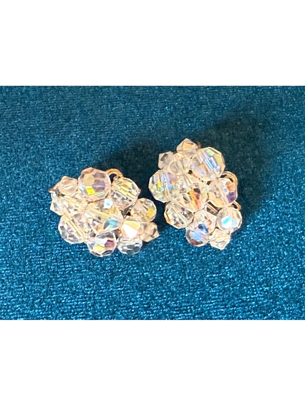 Vintage 1950s 60s Aurora Borealis Crystal Bead Cluster Clip On Earrings AB Glass